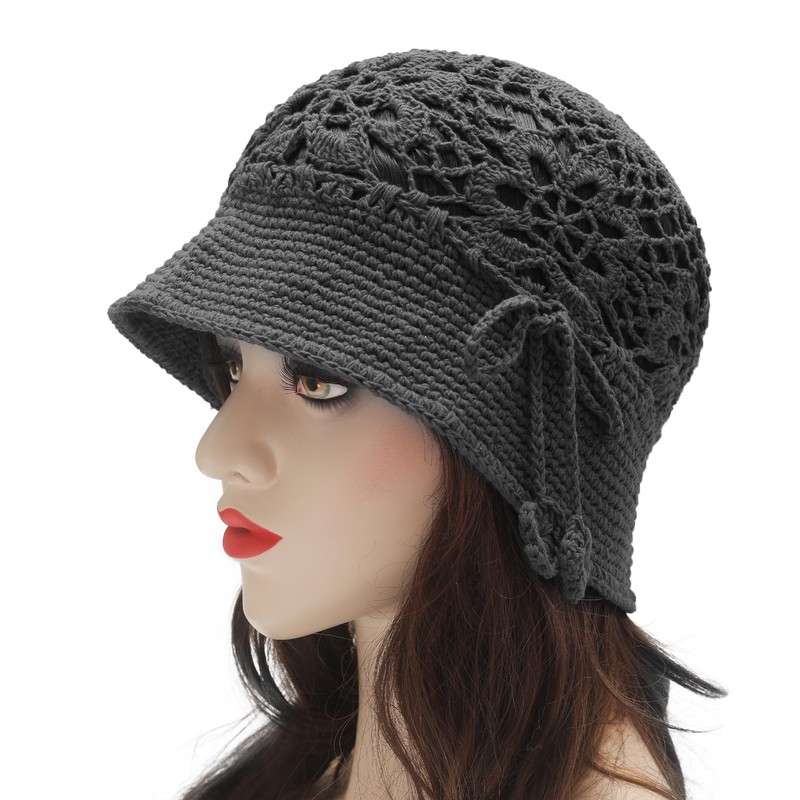 ZLYC Women's Summer Cotton Handmade Knitted Fisherman Hat, Crocheted Gray