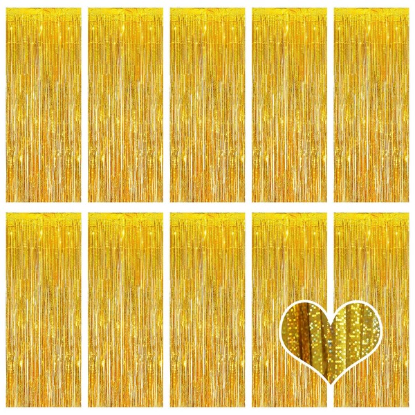 10 Pack Gold Foil Fringe Curtain Backdrop, 3.2ft x 8.2ft