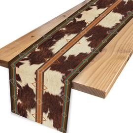 Cow Print Table Runner, Retro Abstract Western Brown Cowhide Spots Rustic Farmhouse Table Center Decor for Home Kitchen Dining Party Indoor Outdoor Decoration 13x36 Inch.