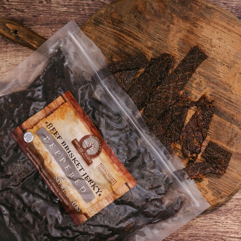 Mahogany Smoked Meats: Peppered Brisket Jerky - 16oz