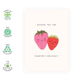 Cute Strawberry Birthday Card for Her – Greeting Gifts for Women, Girls, Little Sister, Mum, Daughter, Children, Kids, Granddaughter, Niece, Goddaughter -Sweet and Lovely Berries -Comes with Stickers
