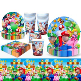 Set di 51 stoviglie Super Bro, per feste di compleanno, per feste di compleanno, per bambini, set con piatti, tovaglie, tovaglioli, tovaglie, tazze per 10 ospiti