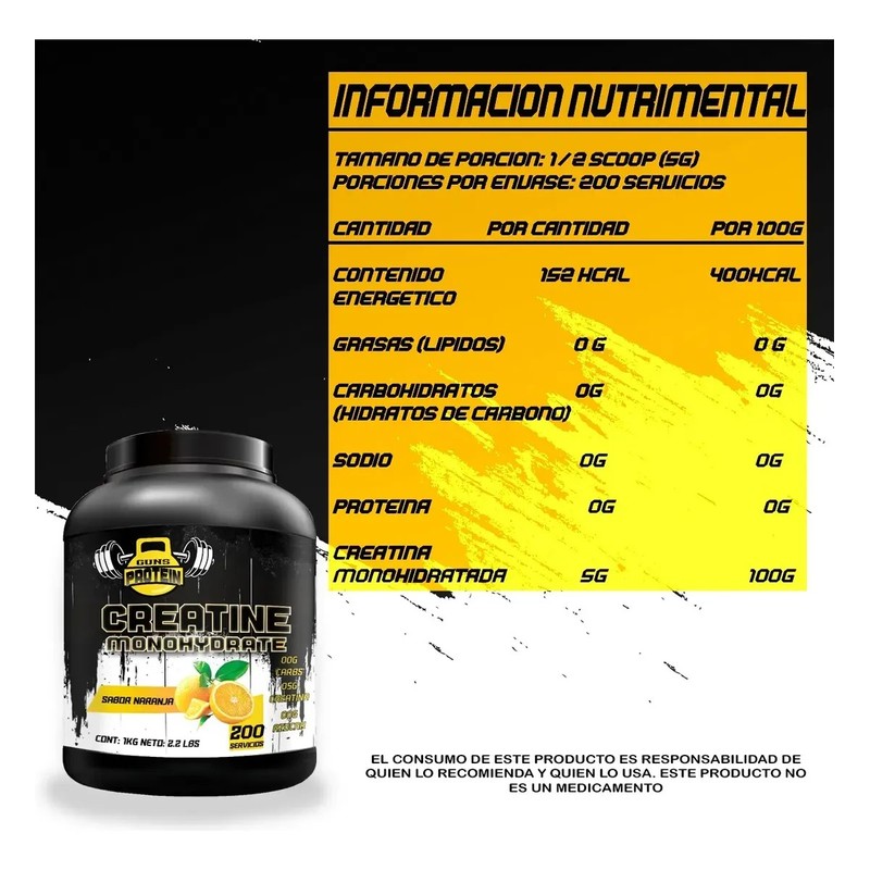 Creatina Monohidratada Guns 1k 200 Servicios Varios Sabores