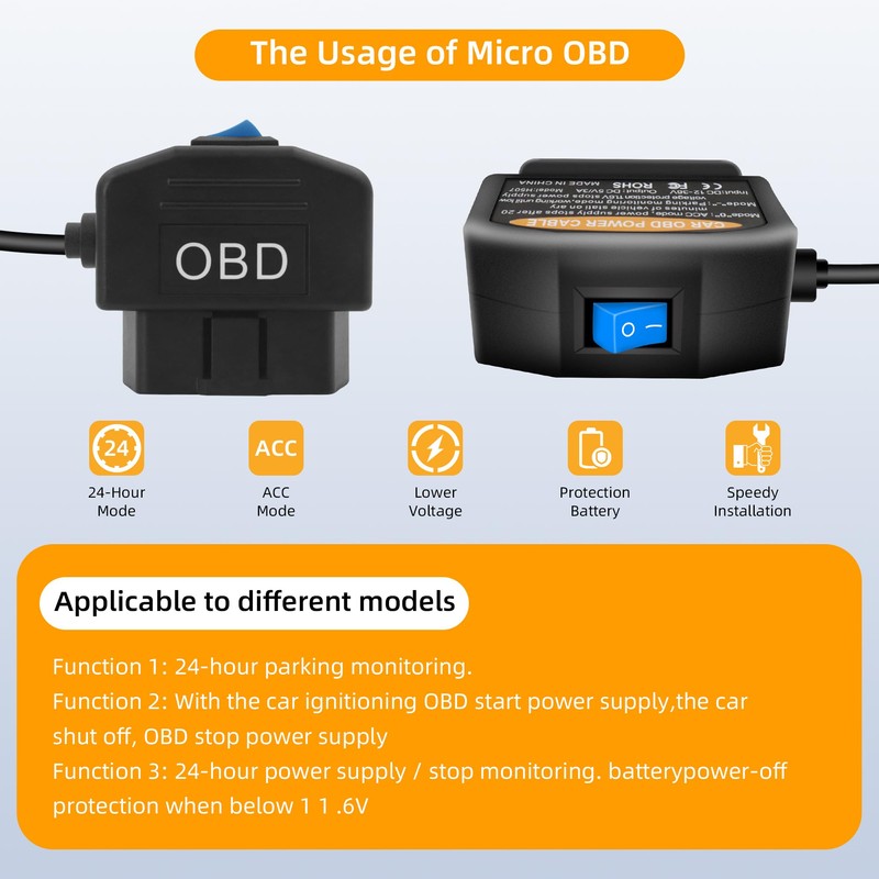 GELRHONR Car OBD Power Cable for Dash Camera, Electronic Vehicles