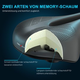 TECHCYC Bicycle Saddle with Comfortable Soft Memory Foam, Bicycle Saddle Shock Absorbing and Breathable, Ergonomic, Waterproof, Bicycle Seat for Bicycles, E-Bikes, Mountain Bikes, for Men and Women