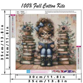 Girl Cross Stitch Kits for Adults Beginner,Book Flower Counted Cross Stitch Kits Printed Stitching Cute Patterns Dimensions Needlepoint Art Crafts Embroidery Kits for Adults Beginners (13.7x13.7 inch)