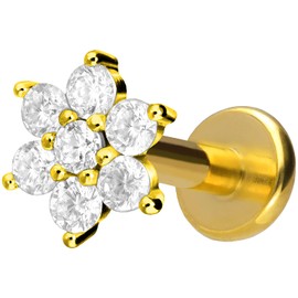 PIERCINGLINE Titanium Labret with Internal Thread Crystal Flower Piercing Lip Nose Ear Helix Choice of Colours and Sizes, Titanium