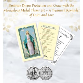 Laminated Miraculous Medal Prayer Card - Pocket Token, The Lord's Prayer - Double Sided Virgin Mary Card, Token Theme Set of 3 Items