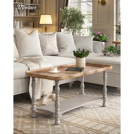 VONLUCE French Country Coffee Table, 40'' Farmhouse Rustic Unfinished Wood Tray Top Vintage Coffee Table for Living Room Dining Room Bedroom, Small Space, Gray