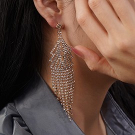 JWICOS Long Chandelier Tassel Earrings Bohemian Rhinestone Fringe Chain Tassel Drop Dangle Earrings for Women and Girls (Silver)