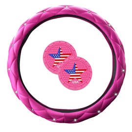 Pink Steering Wheel Cover with Rhinestone Pink Car Accessories for Women fit Universal 14.5-15 Inch.(H-Rose Red-DZ)