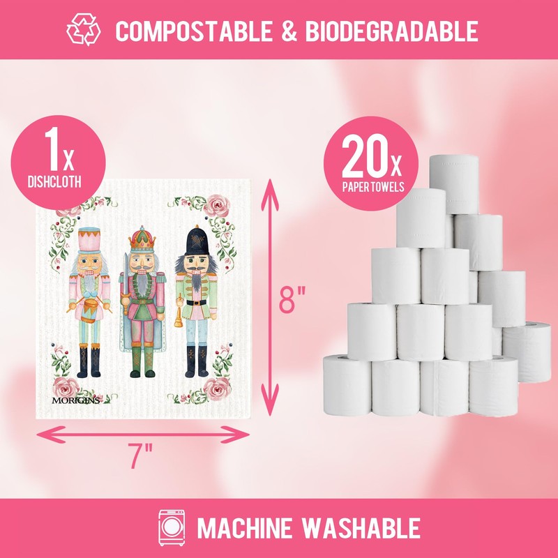 Pink Christmas Swedish Kitchen Towel Winter Snowflake & Christmas Bell