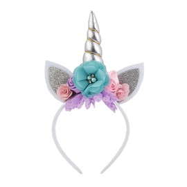 Nishine Glitter Unicorn Horn Headband Cat Ear Flower Head Bands Accessory for Unicorn Birthday Party Supplies (Silver)