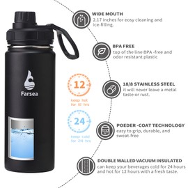 Farsea Insulated Water Bottle With Paracord Handle, Protective Boot and 2 Lids (Straw Lid & Spout Lid), Stainless Steel Water Bottle Wide Mouth, Double Wall Sweat-Proof BPA-Free, 18 oz