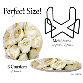 Roses Rose White Round Coasters Set of 6 - Abosrbent Ceramic Coasters with Metal Stand for Drinks, Coffee, Non-Slip Cork Back for Tabletop Protection, 4 Inches (White)
