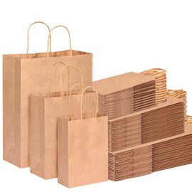 OUTUXED 150pcs Brown Paper Gift Bags with Handles Bulk Assorted Sizes Kraft Paper Bags Mixed Sizes Retail Bags for Party, Birthday, Shopping, Business