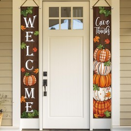 Deroro Thanksgiving Give Thanks Porch Banner Sign, Fall Pumpkin Patch Maple Leaves Front Door Decorative Hanging Welcome Banner Flag, Autumn Buffalo Plaid Farmhouse Decoration Home Outdoor Yard Decor