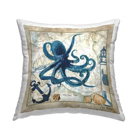 Stupell Industries Octopus & Nautical Map Indoor Printed Throw Pillow, 18 x 18, Blue