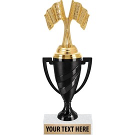 Crown Awards Racing Award Trophies, 10" Black Swirl Cup Trophy With Racing Crossed Flags Figure, Engraving Included