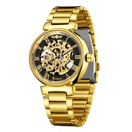 Carlien Skeleton Automatic Steampunk Watches Gold-Tone Luminous Hands Leather Strap Wrist-Watch (Gold Black)