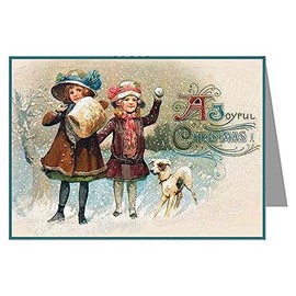 Twelve 3.5x5 Vintage Holiday Note Cards In A Boxed Set Of Two Sisters Wishing You A Joyfull Christmas In A Snow Storm In Traditional Dress
