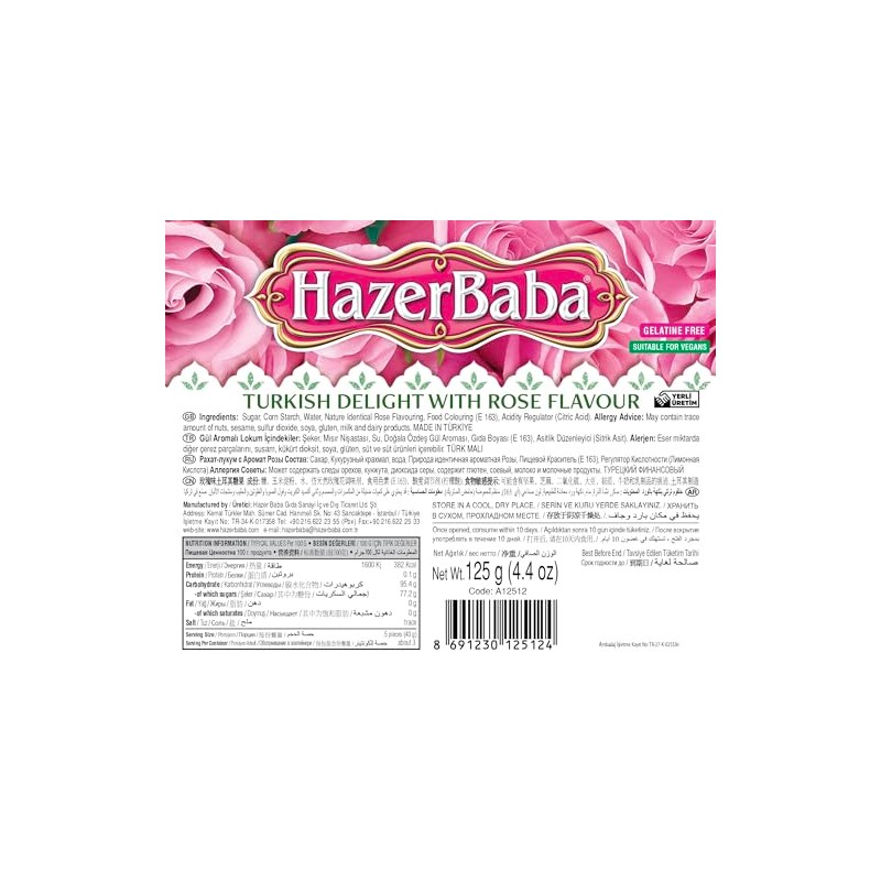 Hazer Baba Turkish Delight Candy, Rose Water Flavored, Gourmet Snack