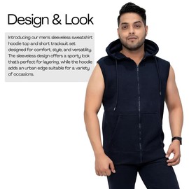 NOROZE Men's Sleeveless Hoodie & Short Tracksuit Set Casual Zipper 2piece Juliet Style (XL, Navy)