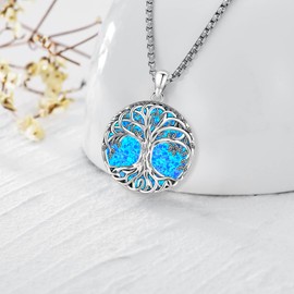 LOOVE Tree of Life Necklace Sterling Silver Blue Opal Celtic Tree of Life Pendant Family Tree Jewelry for Women Mother's Day Gifts