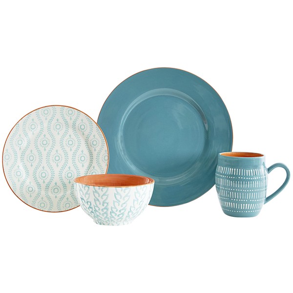 BAUM Essex - Dinnerware Sets, Dish Set for 4, Beautiful Home Decor includes Dinner Plates, Salad Plates, Bowls, and Mugs (Sahara Turquoise) (TTANGT16), 16pc