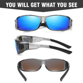 DUCO Polarized Wraparound Fitover Glasses Wear Over Sunglasses for Men Women UV Protection Sun Glasses 8954 (Clear Grey Frame Revo Blue Lens)