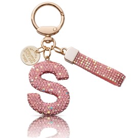 MORSUNBELA Keychain Initial Girls Womens Glitter Keychains Pink Letter Keychains Ring with Letter S