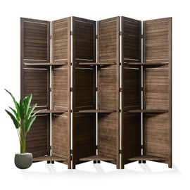 Room Divider with Shelves, 5.6 Ft Tall Folding Wood Screen with Double Hinges for Home Office Bedroom Hotel Decoration (6 Panels, Brown)