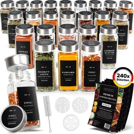 Glass Spice Jars with Labels and Steel Lids (24 x 4oz) Spice Containers with 240 Label, Steel Funnel, Shaker Inserts, Empty Square Seasoning Organizer for Spice Rack, Cabinet, Drawer