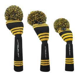 Golf Club Headcover | Tour Fit Double Layer Pom Pom Premium Knitted Golf Head Cover | Driver, Fairway, Rescue | Set of 3 or 4 | Yellow/Black (Set of 3 Covers)