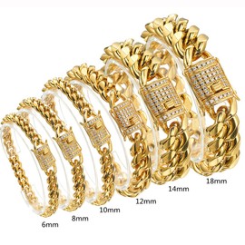 WXP 18K Gold Cuban Link Chain Necklace or Bracelet for Men Women 8mm 10mm 12mm 14mm 18mm Stainless Steel Miami Chain Gold Chain Necklace Hip Hop Jewelry 7.5-30inch(14mm,8inch)