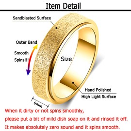 Fidget Ring Women Anxiety Spinner: Fidget Toys Adults Thumb Ring Stainless Steel Spinning Ring Rainbow Gold Black Silver Color (Gold-6mm, 10)