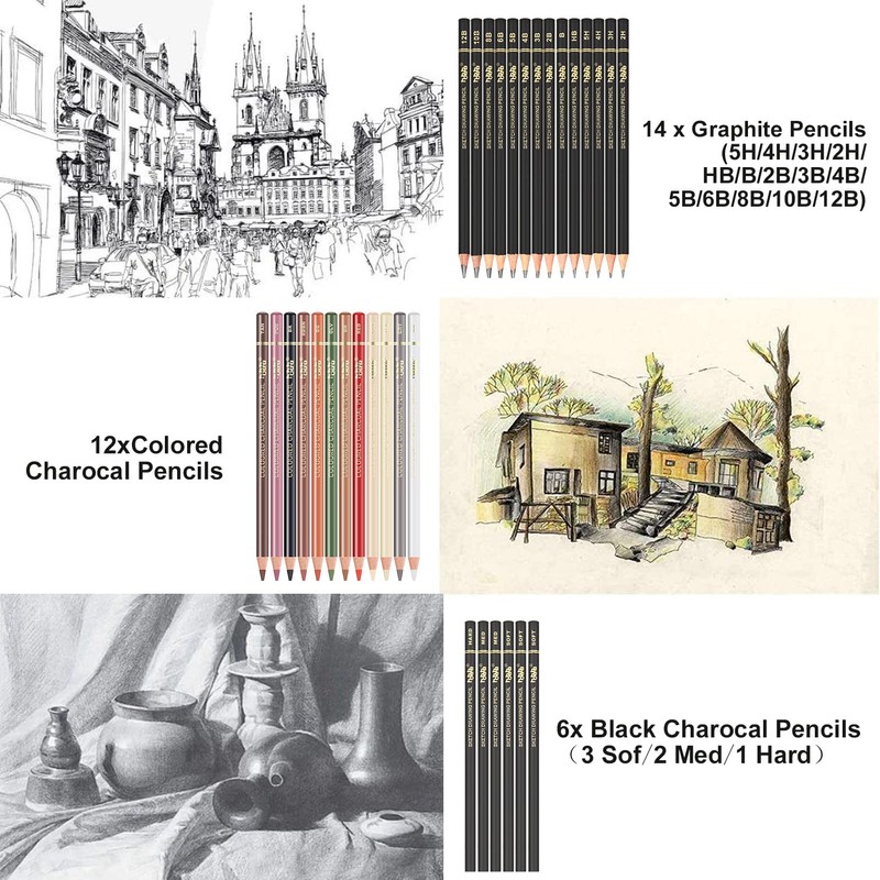 hhhouu Coloured Charcoal Pencil Set, Professional Sketch Pen Tools with
