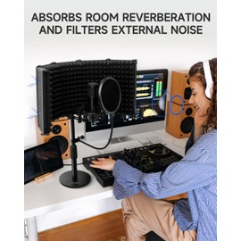 Moukey Microphone Isolation Shield, with Pop Filter& Table Stand, Foldable Mic Shield with Triple Sound Insulation, High Density Mic Sound Shield for Recording Studio, Podcasts, Singing, Broadcasting