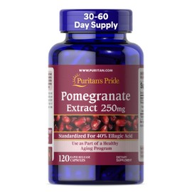Puritan's Pride Premium Pomegranate Extract 250mg, Dietary Supplement for Antioxidant Health and Healthy Aging Program, 40% Ellagic Acid,120 Rapid Release Capsules (Packaging May Vary)