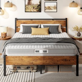 14 Inch Queen Bed Frame with Wood Headboard and Footboard, Sturdy Metal Bed Frame Queen Size with 12.5" Large Under-Bed Storage/No Box Spring Needed/Non-Slip/Noise Free/Easy Assembly, Rustic Brown