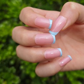 24PCS Baby Blue French Tip Press on Nails – Short Square & Coffin Shape Acrylic Fake Nails, 12 Sizes Full Cover, Full Cover Glue on Nails, Elegant Design, Durable & Long-Lasting, Easy Nail Art Set