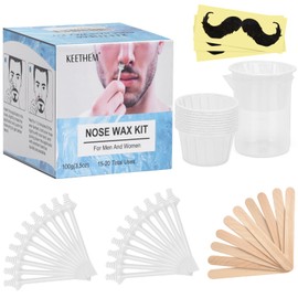 Keethem Nose Wax Kit for Men and Women - Instant Hair Removal, 100g Hard Wax, 20 Applicators, 10 Mustache Guards, and 10 Paper Cups - Painless, Safe, 20 times usage count - White Applicators