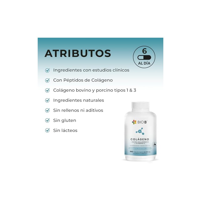 Bio Colágeno Hidrolizado Ácido Hialurónico Vitamina 180 Cápsulas Fortalece Uñas