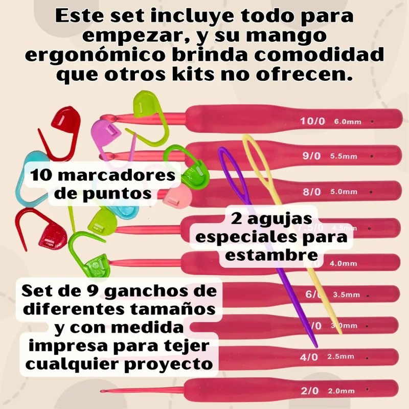 Kit Ganchillos Crochet 9 Agujas Mango Suave Ganchos Rojos