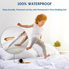 Waterproof Comforter Set - 4 Piece Ultra Soft Cotton Bedding - Includes 1 Duvet Cover, 2 Pillow Cases, 1 Fitted Sheet - Ideal for Kids, Elderly, Dog, Cat, Pet (Queen, White)