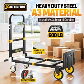 Heavy Duty Hand Truck Dolly 3-in-1, Convertible Hand Truck Steel 500 lbs Capacity, Folding Dolly with Rubber Brake-Wheels, Anti-Slip Strip and 2 Elastic Ropes for Moving
