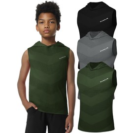 EXARUS 3 Pack Boys Athletic Sleeveless Tank Workout Running Quick Dry Tank Tops with Hooded for Kids 6Y