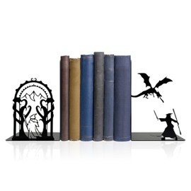 Lord Decorative Bookends- Epic Fantasy Dragon & Wizard, Unique Bookends, Non Skid Book Ends, Book Stopper for Home/Office Decor/Shelves, (Matte Black, Large)