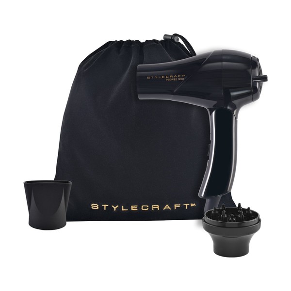 StyleCraft Peewee Dryer, Tri-Plex Fusion, Folding Handle, Lightweight Portable Size, Concentrator Nozzle, Diffuser, Travel Bag, Black