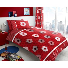 FAIRWAYUK Football Duvet Cover Single - Kids Boys Bedding with Matching Pillowcase, Reversible Printed Goal Red Soccer Quilt Covers, 137x200cm